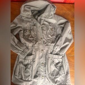 H&M Brown Utility Cargo Jacket Womens M Removable Hood Cotton Drawstring Waist